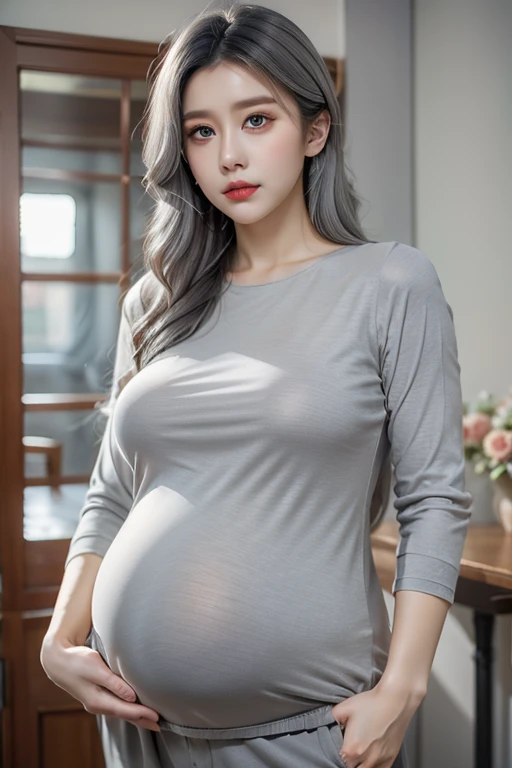 (masterpiece,  top quality:1.2), shape, 8K,  high resolution,  1 girl, , ((( Grey Hair))) Big Breasts,  black pants , indoor, (Task:0.5), expensive,  mature, Elegant,  black gloves ,  upper body, From the front,During pregnancy、 huge pregnancy 