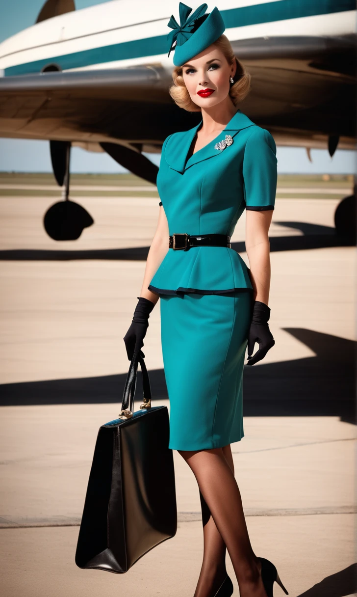 "A glamorous vintage flight attendant wearing a 1960s-inspired teal dress with a flared skirt, a wide belt at the waist, and matching gloves. Sheer stockings with a back seam and patent leather T-strap heels complete the look. Her hat is perched at an angle, and her makeup features bold red lips."