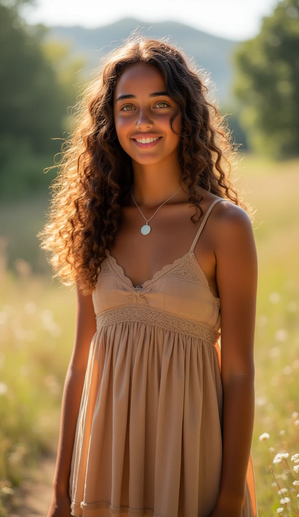 woman with long curly hair and tan dress