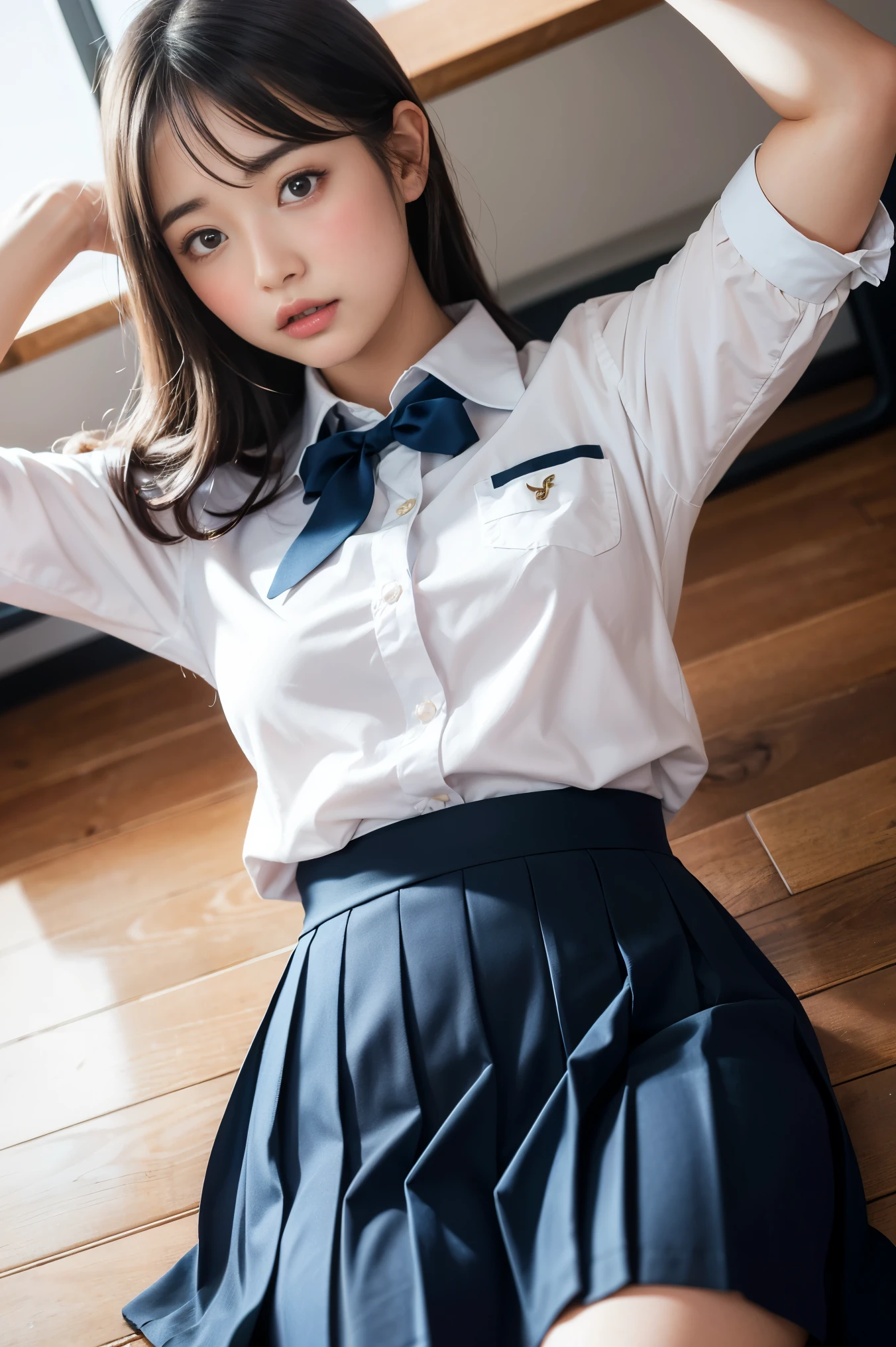 (((32ｋ,high detal,high-detail、​masterpiece,Attention to detail,full body Esbian,Lori,独奏))),Raw photo & realistic atmosphere,beautiful dark blue eyes,Detailed mouth,Glossy lips,Detailed eyebrows,Eyes drawn in detail with soft white skin that shines in every detail、Very beautiful eyes with azure eyes,Detailed lips、Very beautiful face,Very well-formed face、Lifelike face,shiny beautiful lips,Beautiful eyebrows,Infinite reality,Japan High School Student Uniform Best Design, Realistic Young Gravure Idol, Very cute high school girl, , japanese girl school uniform,, Young Sensual Gravure Idol, Young Gravure Idol, Beautiful and sexy１7 year old schoolgirl,the whole body is wet,dripped out,with a flushed face,Incredibly beautiful sexy１7 year old beautiful girl,The body is dripping wet,Sheer clothing,Hair is wet,Dripping water,dripping,a miniskirt（,bare-legged,,Wet and see-through white short sleeve shirt,Beautiful kind eyes,Looking at the camera：1.5）,(Beautiful smooth legs,Exposed thighs,Pull your buttocks up,Light blue lace bra and panties,Gentle smile,well-shaped breasts,,Immature body,Beautiful and sexy schoolgirl unusual design uniform with red and black base,Glossy crimson semi-long hair:Mount Position,Horse riding,Super emphasis on the thighs and crotch,Bed in a sexy dark room,See-through floral shirt made of lace,Micro Mini Pleated Skirt：1.9)