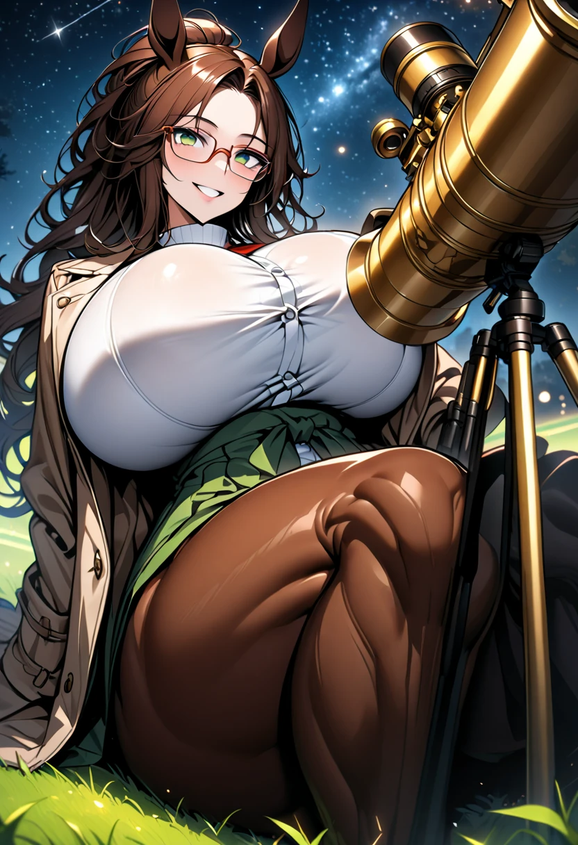 solo, female, close up:1.2, long wavy hair, brown hair, dark green eyes, centaur girl sitting on the ground, huge woman, brown horse ears, huge breasts, scholar, tied hair, modest clothes, night sky, wide smile, ((huge brass telescope on tripod)), starry sky, grassy field, night, coat, glasses, horse lower body, horse legs