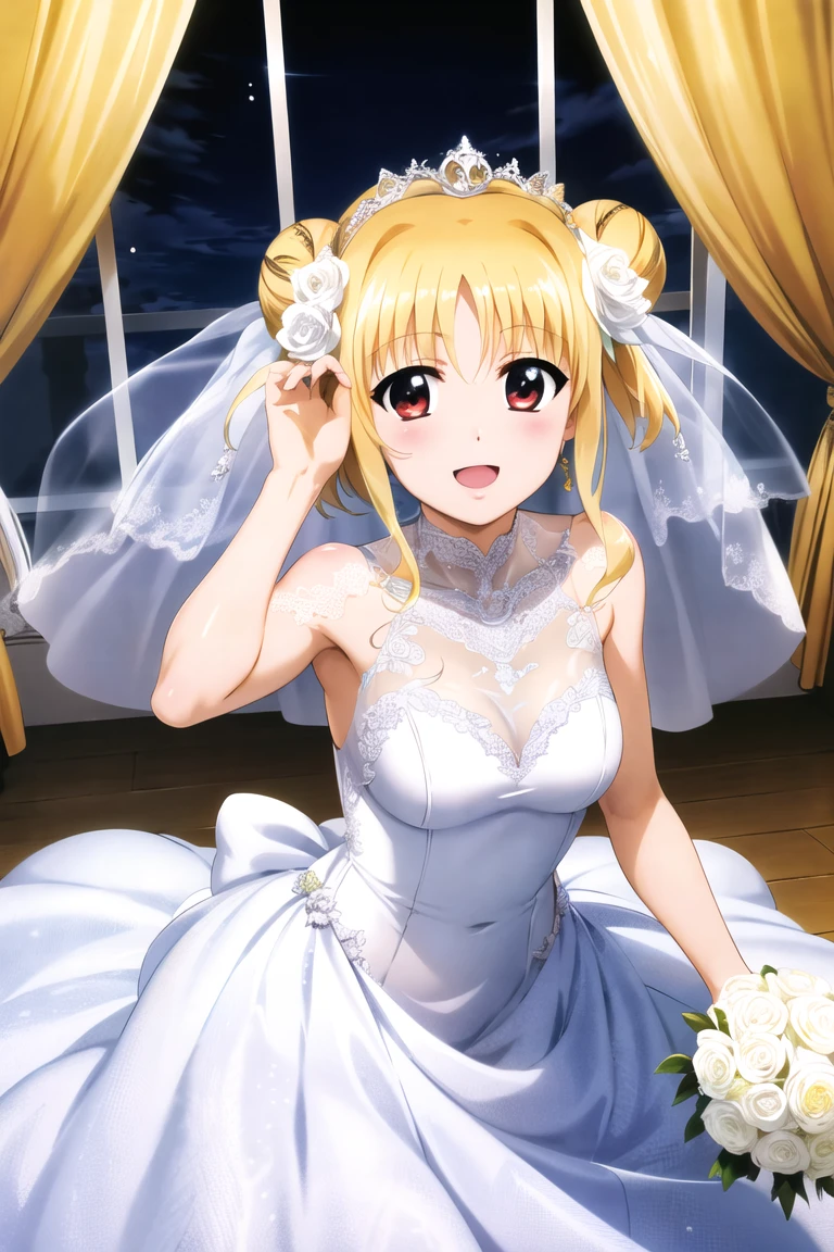 Fate Testarossa,megami magazine,blonde hair,red eyes,{{large breasts}},
hairstyle: (wedding bun short hair:1.2)
Outfit: (wedding dress,intricate dress, ball gown, bridal veil, bride, curtains, 
depth of field, dress, flower, hair flower, hair ornament, see-through,white flower, white rose:1.1),(face full of joy:1.3)
