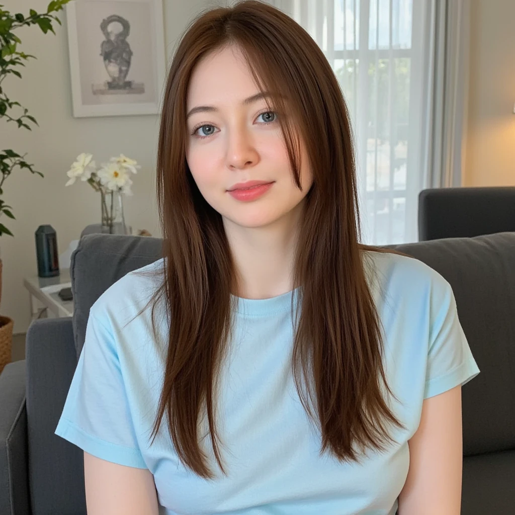 RAW photo of m0n4el1s4 woman, wearing a light blue tshirt, in a living room, detailed face, natural lighting, highly detailed, absurdres,