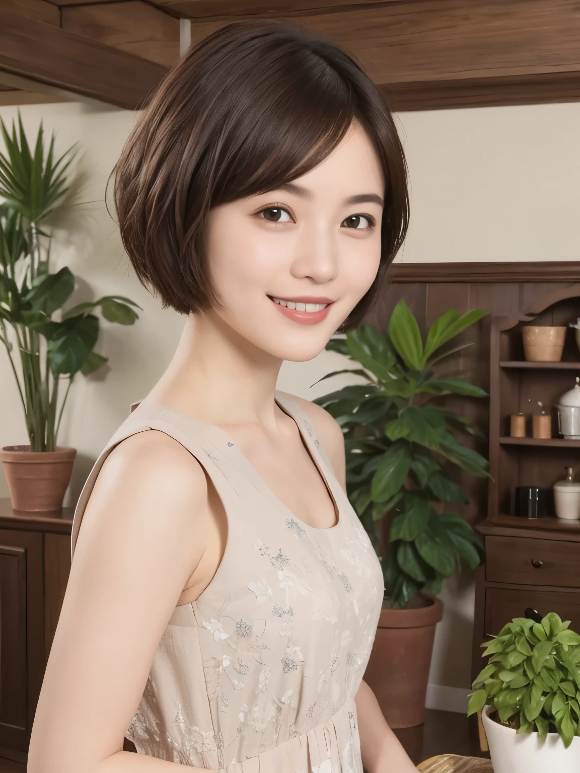 339 (20-year-old female, short hair), ( high image quality), (smile), ( Colorful Dress), ((Arietti's View of the World )), (BIG PLANTS ), (Dollhouse)