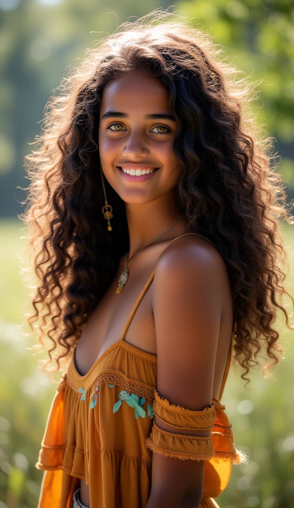 woman with long curly hair boho  style 