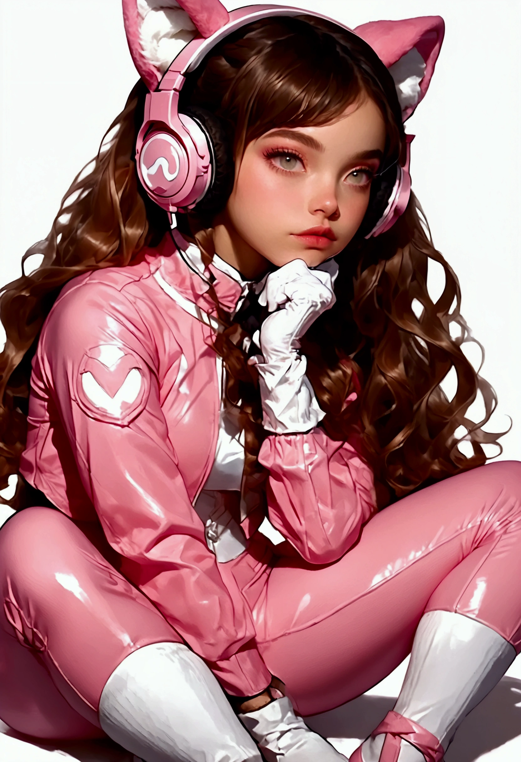 A woman wearing an Alicia ,  wears a tight pink bodysuit and a short pink jacket with long sleeves and two-tone gloves,  cosplay costume and white socks and white cosplay shoes ,  she has long hair with two pink tails with animal ear headphones 