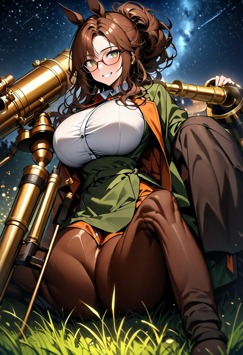 solo, female, close up:1.2, long wavy hair, brown hair, dark green eyes, centaur girl, brown horse ears, huge breasts, scholar, tied hair, modest clothes, night sky, wide smile, ((huge brass telescope on tripod)), starry sky, grassy field, night, coat, glasses, horse lower body, horse legs resting on the ground