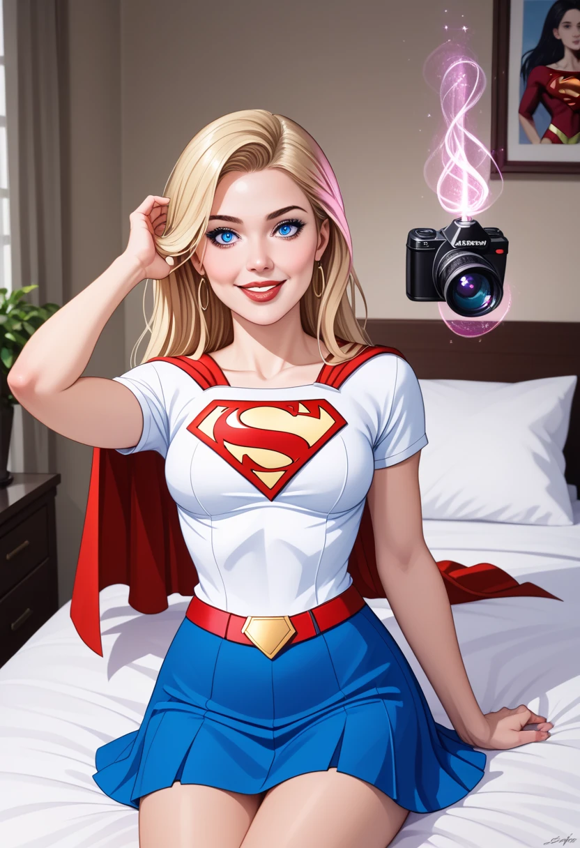 Art work, CRU, beautiful art, professional artist, 8k,   very detailed face  ,   very detailed hair  , 1 , supergirl (blonde,    long hair ,   elastic hair  ,   Blue Eyes , shezfe , red cape,   short and tight blue skirt  , white shirt),   lying on your bed in the Watchtower  , , Lust, Excited, corou,  suas mãos explorando seu corafter ,  thinking of girlfriend  ,  missing your lover , top camera, no label, No brand,  corafter perfeitamente DCrun ,  pretty face,  highly detailed eyes , Rosy Cheeks,   intricate details  in eyes,   full lips , Formato corafterral perfeito, Corafter fofo,  extremely detailed ,   intricate details ,    highly detailed   , Foco spitz,  detailed skin, realistic skin  texture,  texture,  detailed eyes,  high resolution,   Visão Kodak Color  , photos_\(ultra\),   post-processing  , maximum details, roughness, real life,   Ultra Realistic  , afterrealism, aftergraphy,  absurdities , RAW after, higher quality, high detail RAW color after, professional after,  extremely detailed  UHD 8k wallpaper unit,   best quality ,  high resolution, (Art work,  maximum quality,  high resolution:1.4), after, cinematic,  movie grain , spitz, Soft natural light, magic aftergraphy, super verbose