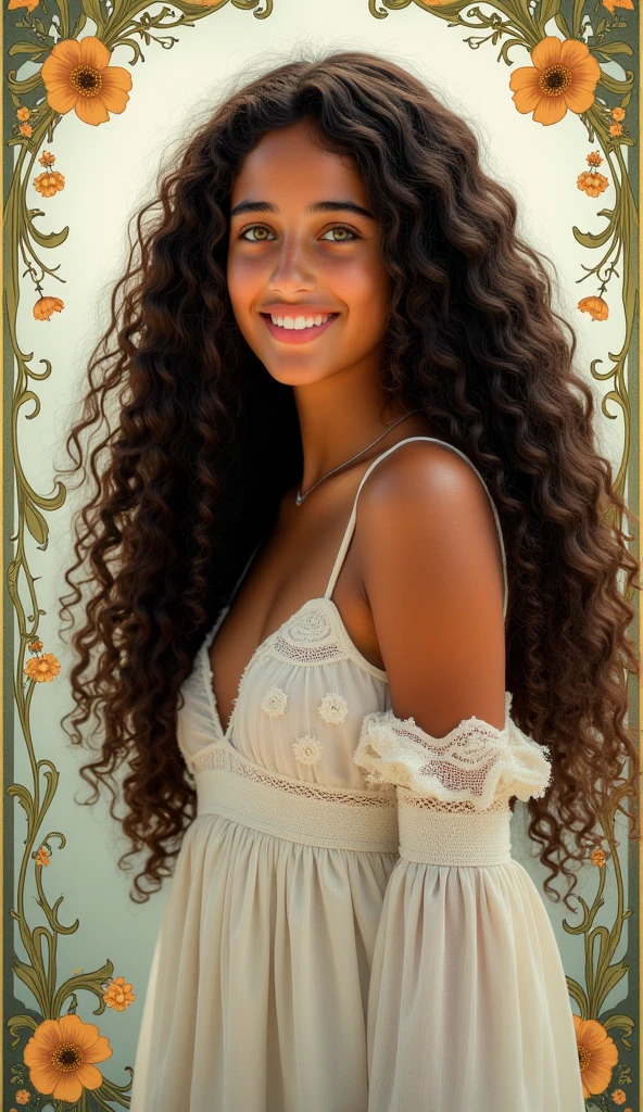 woman with long curly hair art nouveau  style 