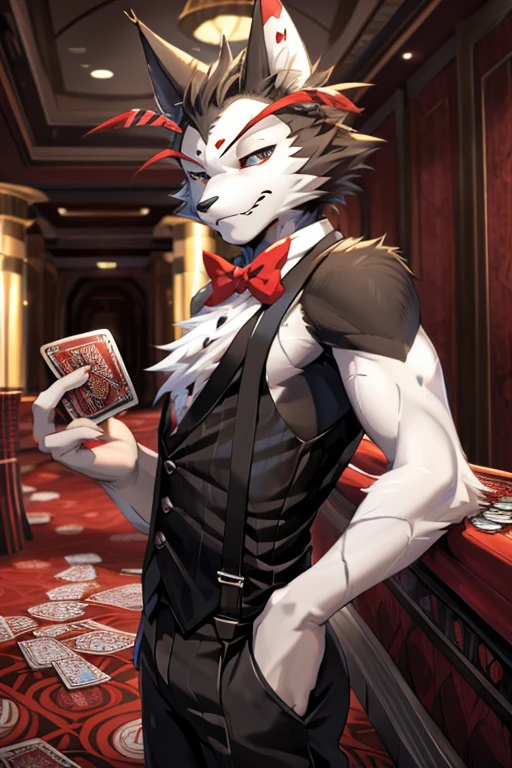 posted on e621 (by Chunie), furry, male, anthro, solo, (Realistic eye details:1.2), (beautiful detailed eyes), anime character husk from hazbin hotel, casino, Black suit, Red tie, red suspenders, dealing cards, blackjack or poker, the place is busy with people around the casino, perfect anatomy, realistic anatomy, full body like, slim body, good looking, anime style, 8k, 4k anime wallpaper, anime art wallpaper 8 k, 2 d art, 2d art, anime art wallpaper 4k, detail art