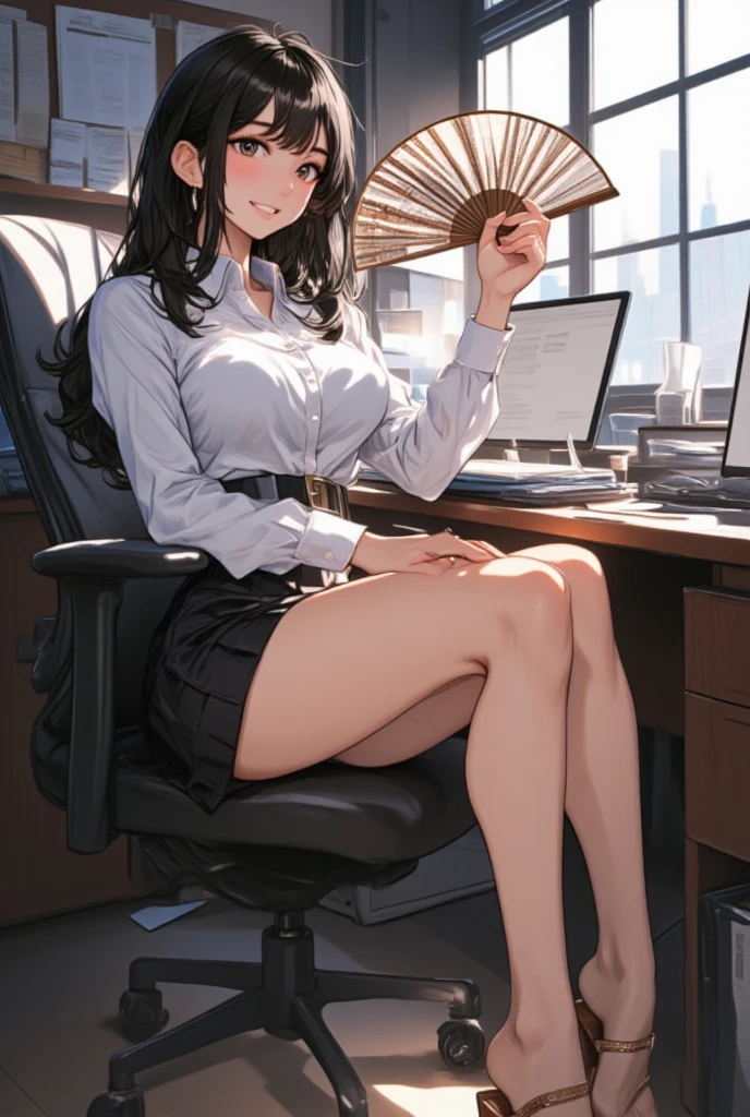 beautiful girl in anime blouse and miniskirt ,  black hair, clarity, Defined,  ultra detail ,  Dynamic Poses,  High Quality , Full body portrait,  1 girl, Dynamic Lighting,  in the room,  office lady sitting at desk  ,  smiles, Subtle emphasis on curves , I wore sandals,  side shot raising a fan,  anime style , 