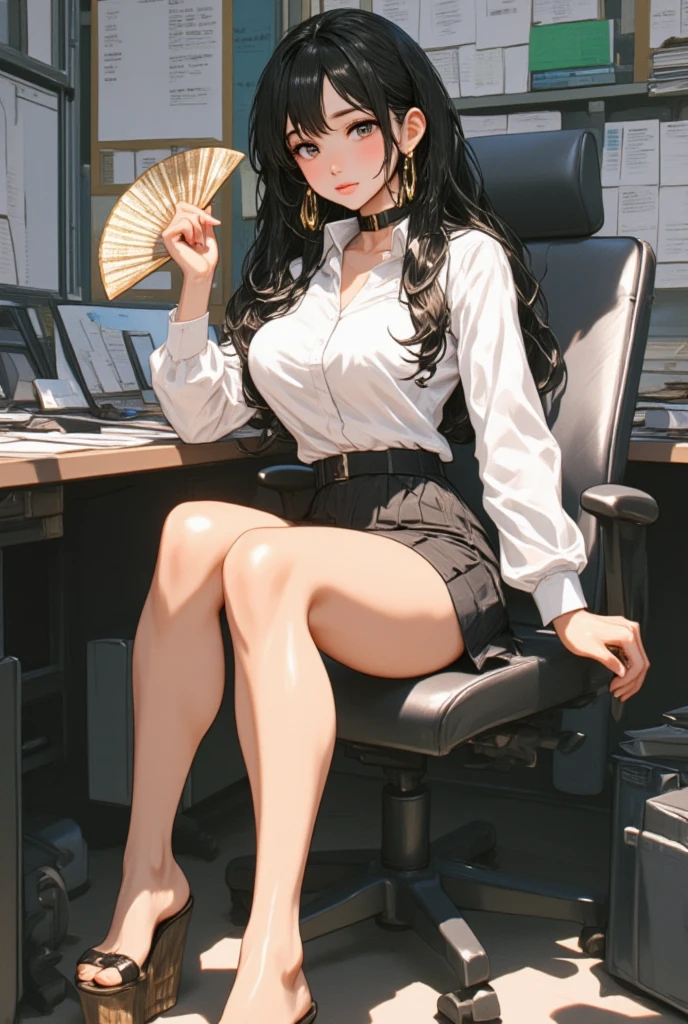 beautiful girl in anime blouse and miniskirt ,  black hair, clarity, Defined,  ultra detail ,  Dynamic Poses,  High Quality , Full body portrait,  1 girl, Dynamic Lighting,  in the room,  office lady sitting at desk  ,  smiles, Subtle emphasis on curves , I wore sandals,  side shot raising a fan,  anime style , 