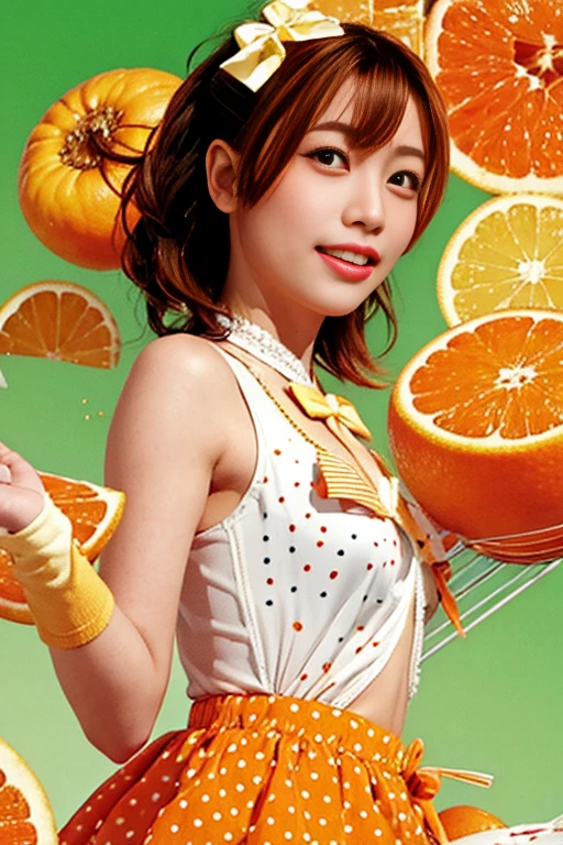  top quality , masterpiece,  High Definition , Alone, {Takasaka_Honoka_Love Live!:1.15}, green_eyes,  orange _hair, One_side_ up, smile, ,  short_hair, open_mouth, bow, hair_bow, hair_ Ornaments ,  One girl , Food, [fruit,  gloves, hin,  in rot _in_viewer,  orange _\([fruit\), white_ gloves, lemon, One_eye_closure,  orange _slice, ;d, 前hair, lemon_slice, polka_dot, salute,  skirt, underwear, v