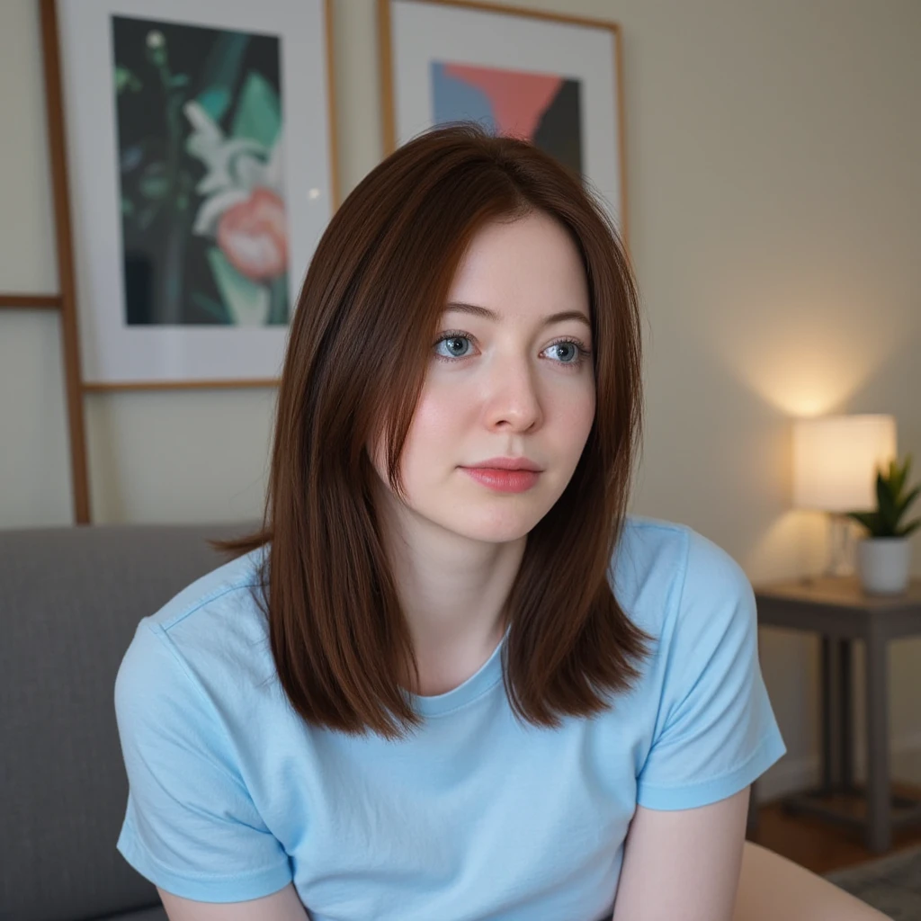 RAW photo of m0n4el1s4 woman, wearing a light blue tshirt, in a living room, detailed face, natural lighting, highly detailed, absurdres, sad