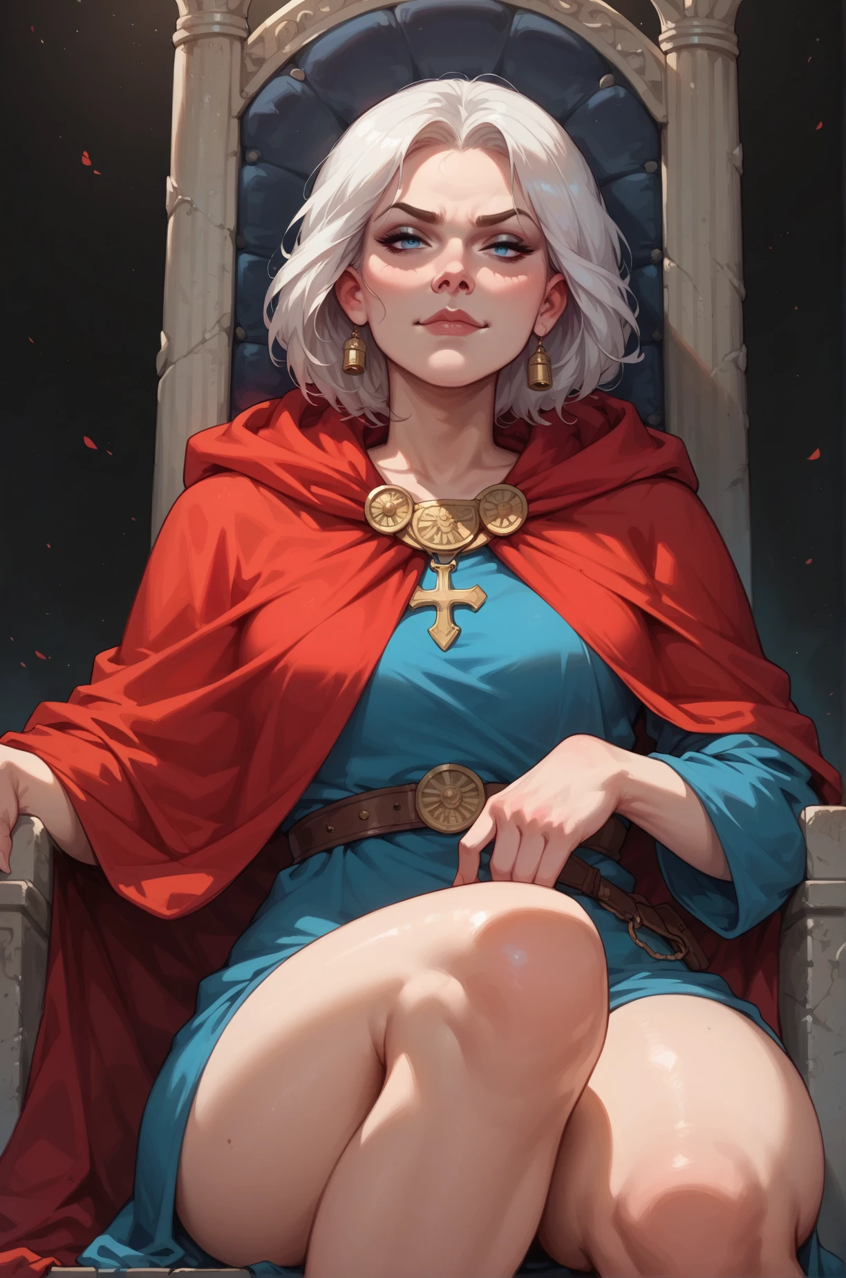 score_9, score_8_up, score_7_up, cartoon of a girl, solo, sexy, slutty, smirk, mouth closed, pale skin, blue eyes, white hair, straight hair, roman toga, red cloak, small breast, thighs, sitting on a marble throne, front view, low view, dark background