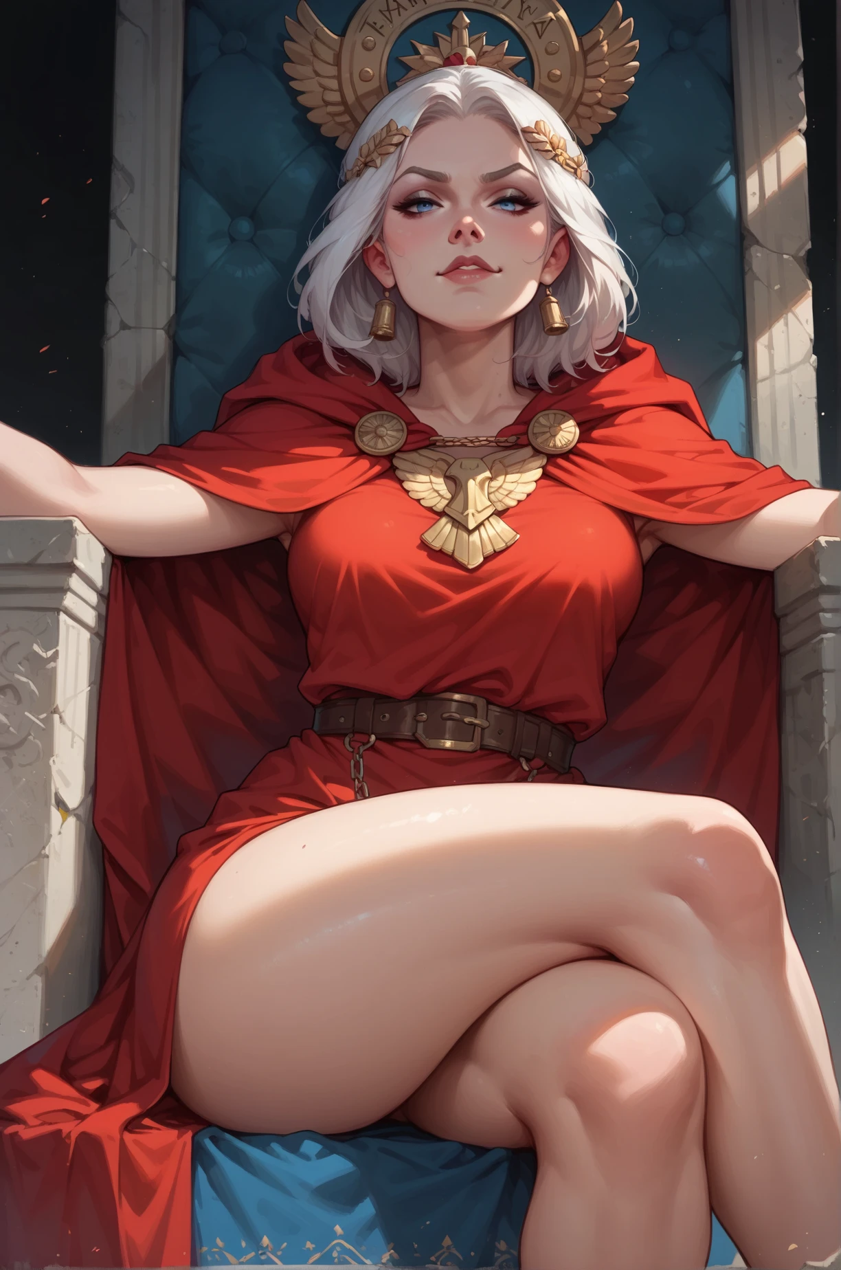 score_9, score_8_up, score_7_up, cartoon of a girl, solo, sexy, slutty, smirk, mouth closed, pale skin, blue eyes, white hair, straight hair, roman toga, red cloak, small breast, thighs, sitting on a marble throne, front view, low view, dark background