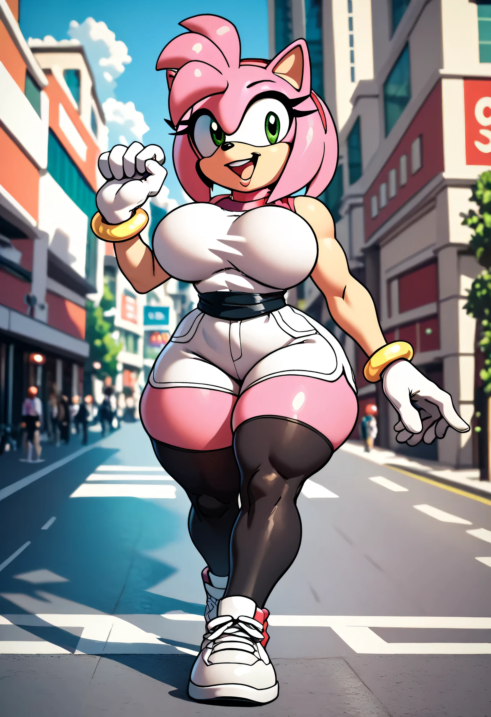 Amy rose, green eyes, big breasts,  big thighs,white shorts with black tights ,  white sneakers, black socks  , white gloves ,walking in the city ,by day , posing for the camera  ,happy look , black sash,sleeveless t-shirt 