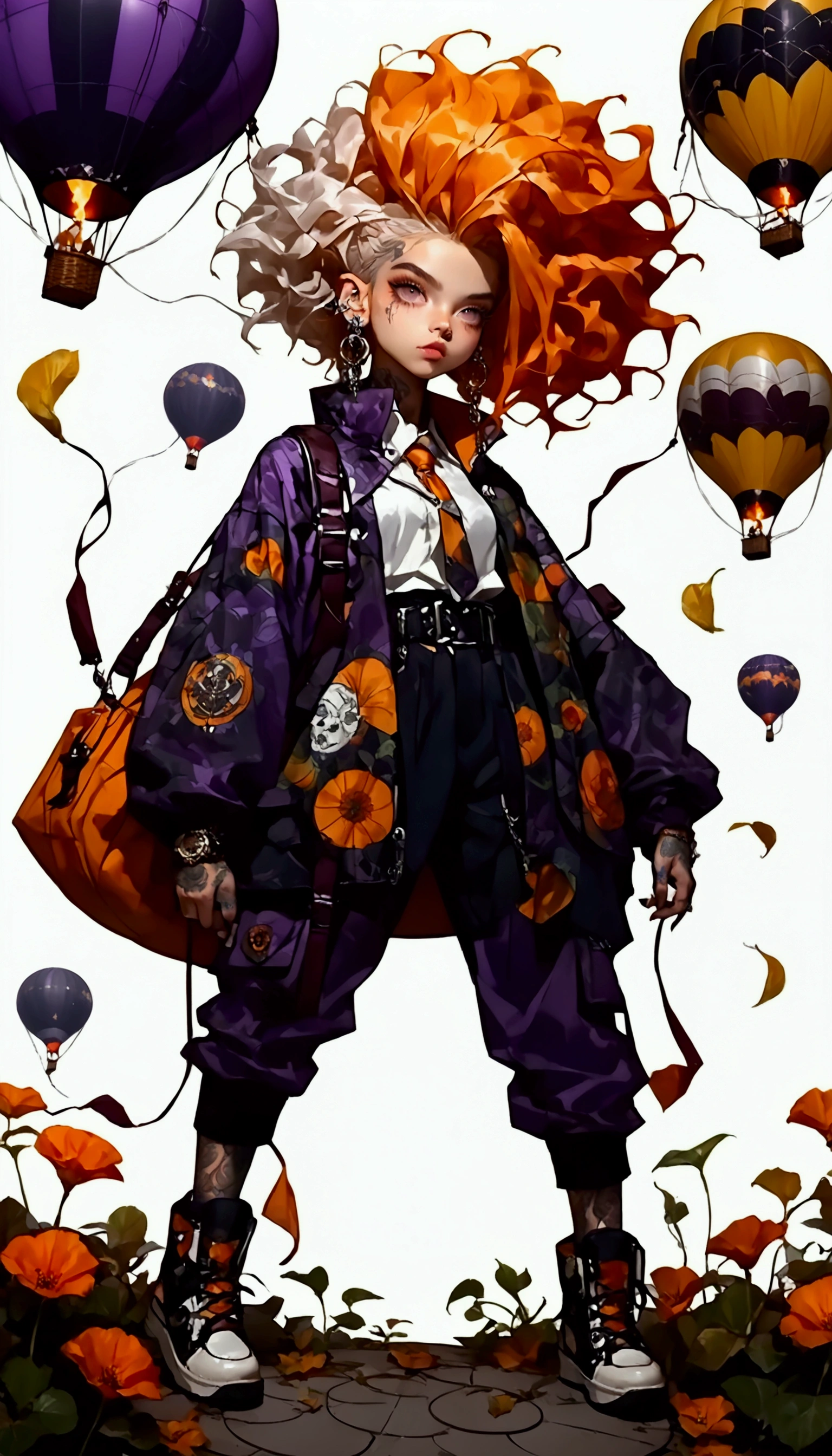 ((plano general,  Full body :1.6)), purple: 1.5, orange: 1.1, white: 1.3, yellow: 1.3, ( Rapper girl with scary hair), tatuajes, (hot air balloon clothing: 1.2), flower, leaves, born in the mist, agenda, Background circles,  action pose, 32k.