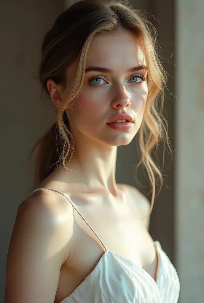 ((Robe blanche de déesse)), ((jupe)), ((collants)), ((tenue brillante)),, peaudentation, peauny, seulement, 1 femme, chef-d'œuvre, la plus haute qualité, la plus haute qualité, 16k, incroyablement absurde, très détaillé, 2.5D,, délicat et dynamique, Expressions faciales très délicates, représentation délicate des yeux, érotique, only Sexy woman, ((Un visage mignon et gentil)), silhouette saine, ((femme de 25 ans)), 160 cm de hauteur, buste onduleux moyennement ferme,, rougir, Transpirer,gêné,Sexy, ((Cuisses fines)), (Orteil de chameau:0.7), (mamelons visibles:0.3), (mamelons dressés,:0.7), brillant et lustré, face au spectateur, (((dans la chaleur))), ((huileux_peau)), ((angle hollandais)), ((érotique pose)),