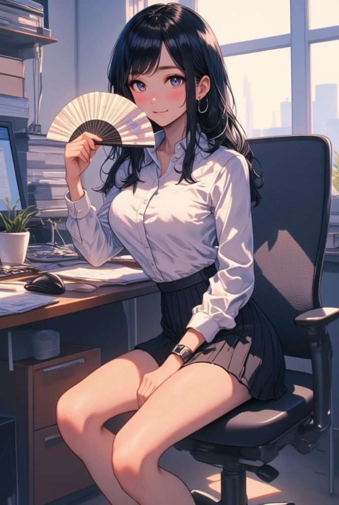 beautiful girl in anime blouse and miniskirt ,  black hair, clarity, Defined,  ultra detail ,  Dynamic Poses,  High Quality , Full body portrait,  1 girl, Dynamic Lighting,  in the room,  office lady sitting at desk  ,  smiles, Subtle emphasis on curves , I wore sandals,  side shot raising a fan,  anime style , 