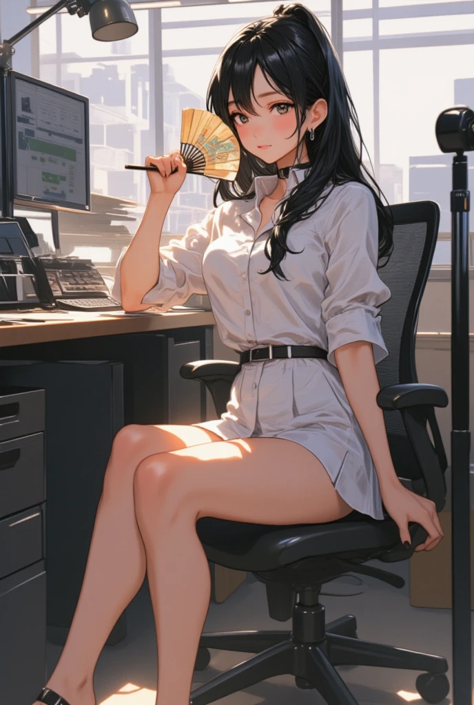 beautiful girl in anime blouse and miniskirt ,  black hair, clarity, Defined,  ultra detail ,  Dynamic Poses,  High Quality , Full body portrait,  1 girl, Dynamic Lighting,  in the room,  office lady sitting at desk  ,  smiles, Subtle emphasis on curves , I wore sandals,  side shot raising a fan,  anime style , 