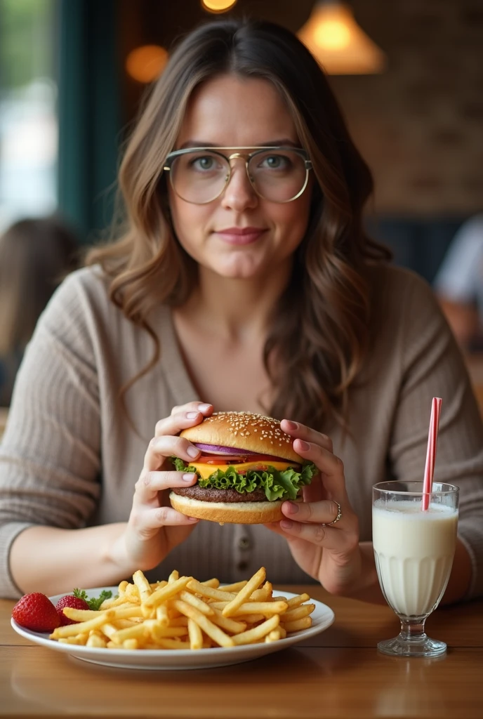 Brown hair girl with brown eye nerdy glasses ((eating a cum burger))