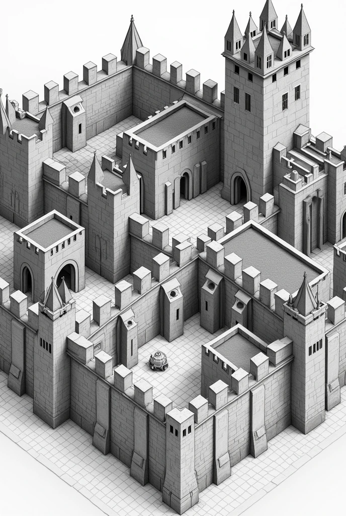  Create an image of an isometric medieval city with walls and towers, it should not make oval or circular shapes ,  the image must be shaded and black and white  