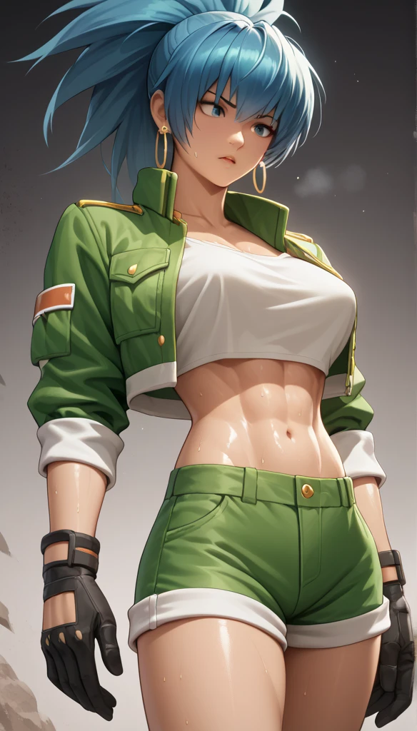 BREAK 1girl,cute,{{slender}},beautiful detailed breasts,shiny skin,{{{beautiful detailed breasts}}},{gleaming skin},{shiny skin},Sweat, BREAK 1girl,leonakofdg , green shorts, midriff, crop top, black gloves, military uniform, green jacket, earrings, jewelry,BREAK {{{best quality, very aesthetic, ultra-detailed, extremely detailed, perfect anatomy}}},sound effects,