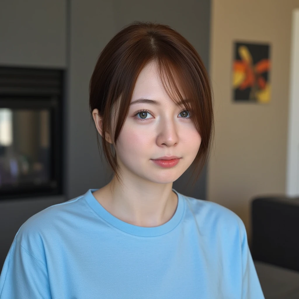 RAW photo of m0n4el1s4 woman, wearing a light blue tshirt, in a living room, detailed face, natural lighting, highly detailed, absurdres, sad