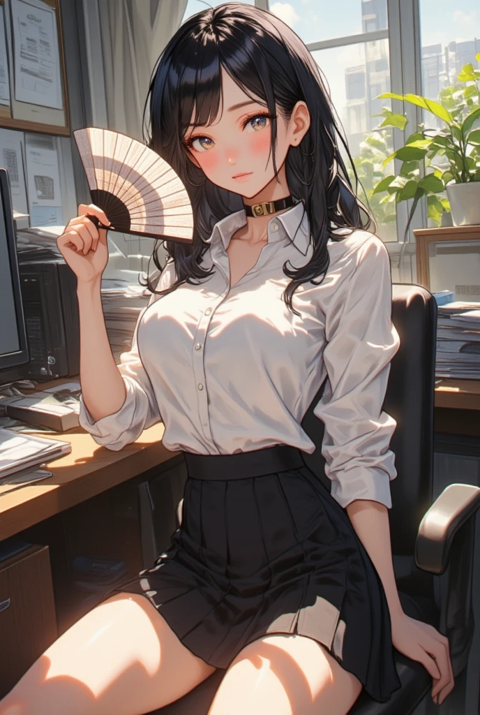 beautiful girl in anime blouse and miniskirt ,  black hair, clarity, Defined,  ultra detail ,  Dynamic Poses,  High Quality , Full body portrait,  1 girl, Dynamic Lighting,  in the room,  office lady sitting at desk  ,  smiles, Subtle emphasis on curves , I wore sandals,  side shot raising a fan,  anime style , 