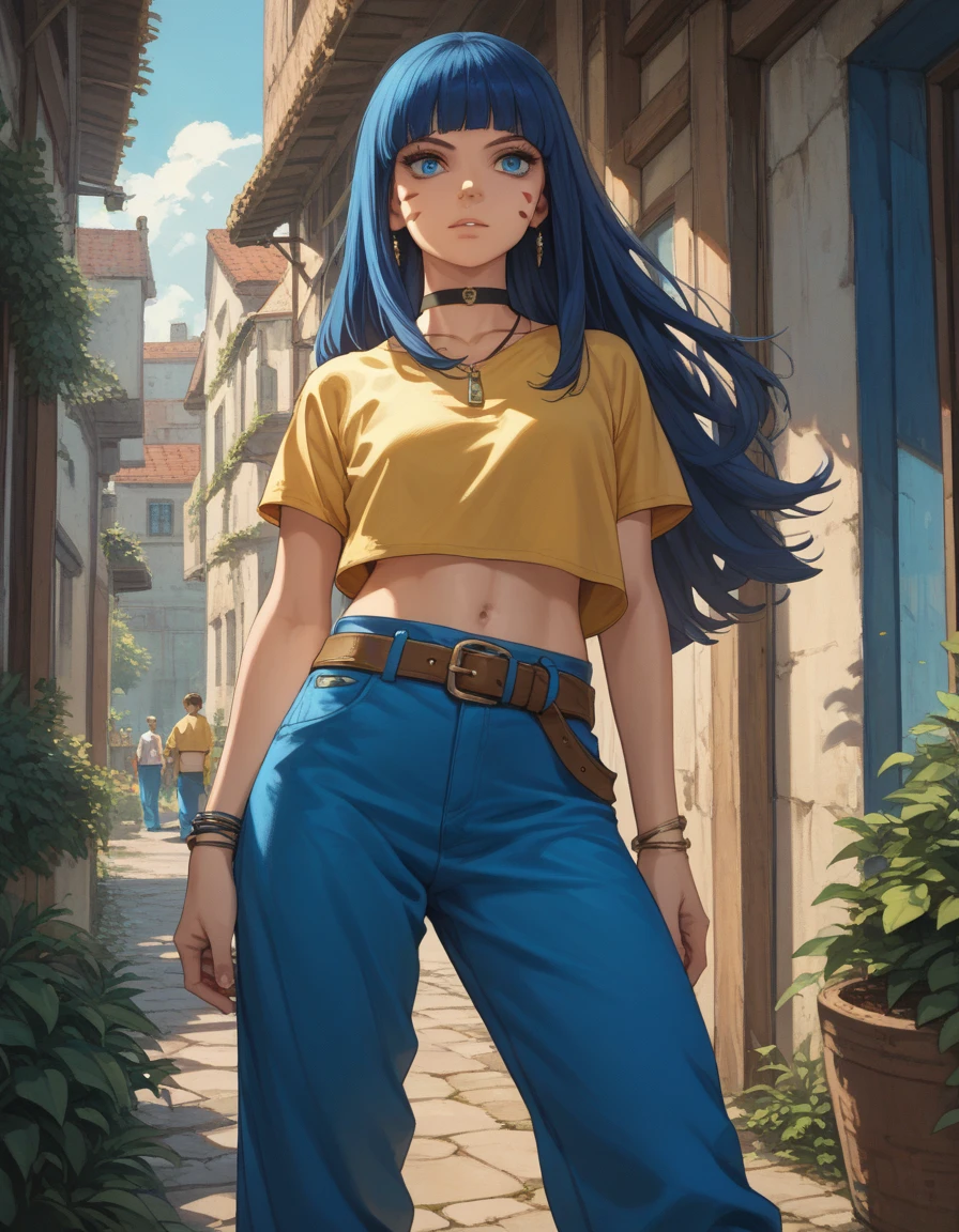 himawari uzumaki,  Blue Eyes, fringe,   long hair, facial mark, Black necklace,  yellow shirt , short sleeve, navel, wide blue pants, belt, bracelet,