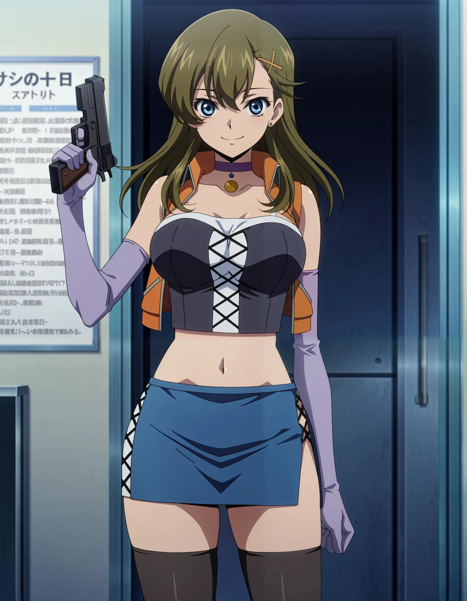 youko_araki, x hair ornament,smile,hand up,purple choker,cross cutout clothes,vest,midriff,navel,elbow gloves,side slit,blue skirt,pencil skirt,zettai ryouiki,black thighhighs,1girl,looking at viewer,masterpiece,best quality,amazing quality anime screencap,holding a gun, holding pistol,