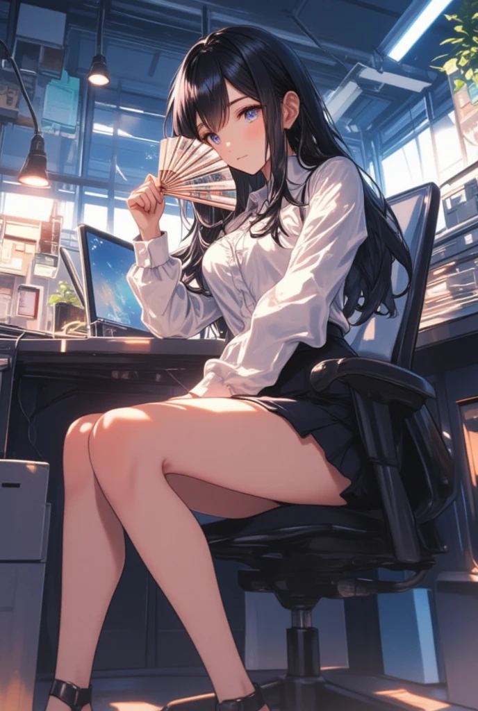 beautiful girl in anime blouse and miniskirt ,  black hair, clarity, Defined,  ultra detail ,  Dynamic Poses,  High Quality , Full body portrait,  1 girl, Dynamic Lighting,  in the room,  office lady sitting at desk  ,  smiles, Subtle emphasis on curves , I wore sandals,  side shot raising a fan,  anime style , 