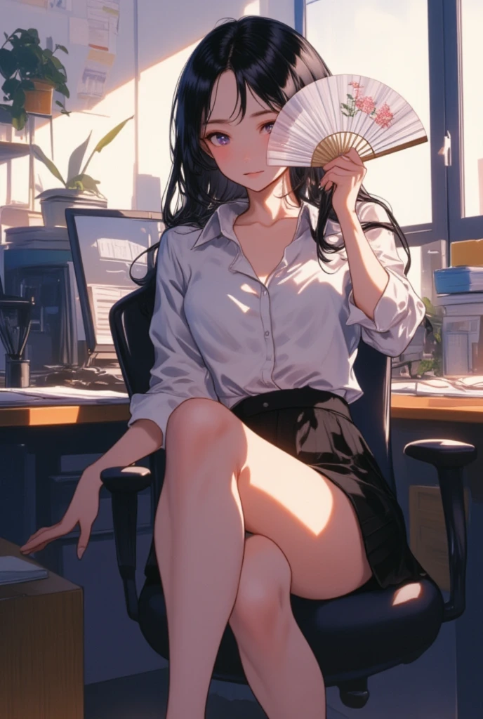 beautiful girl in anime blouse and miniskirt ,  black hair, clarity, Defined,  ultra detail ,  Dynamic Poses,  High Quality , Full body portrait,  1 girl, Dynamic Lighting,  in the room,  office lady sitting at desk  ,  smiles, Subtle emphasis on curves , I wore sandals,  side shot raising a fan,  anime style , 