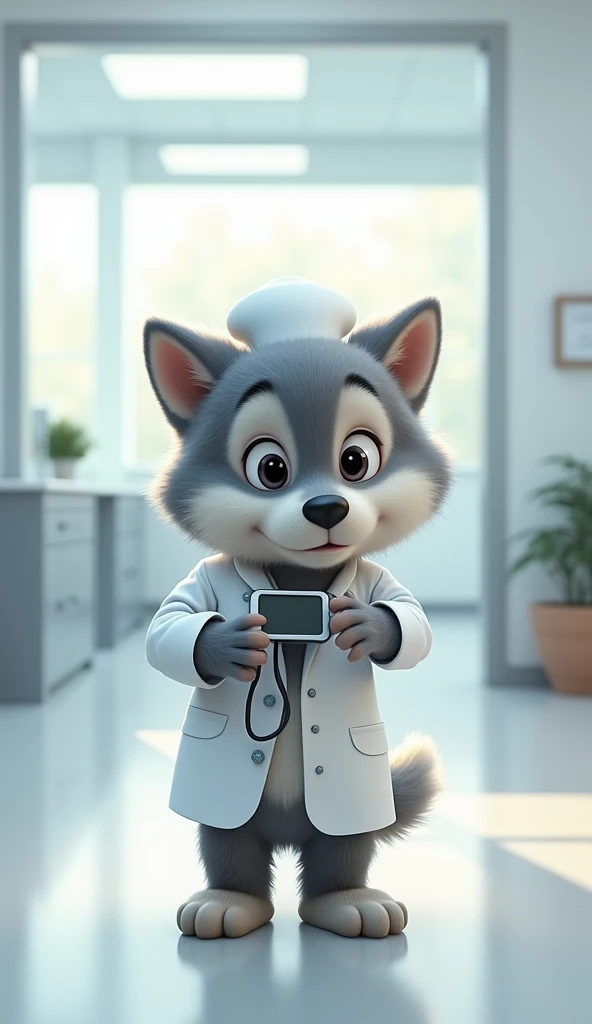 A small husky dog standing facing forward with its front legs raised。Smiling。
Big eyes with a cute, human-like expression。Slightly larger head than body。limbs are short。
wearing researcher clothes。Glossy texture。
The background is a lab