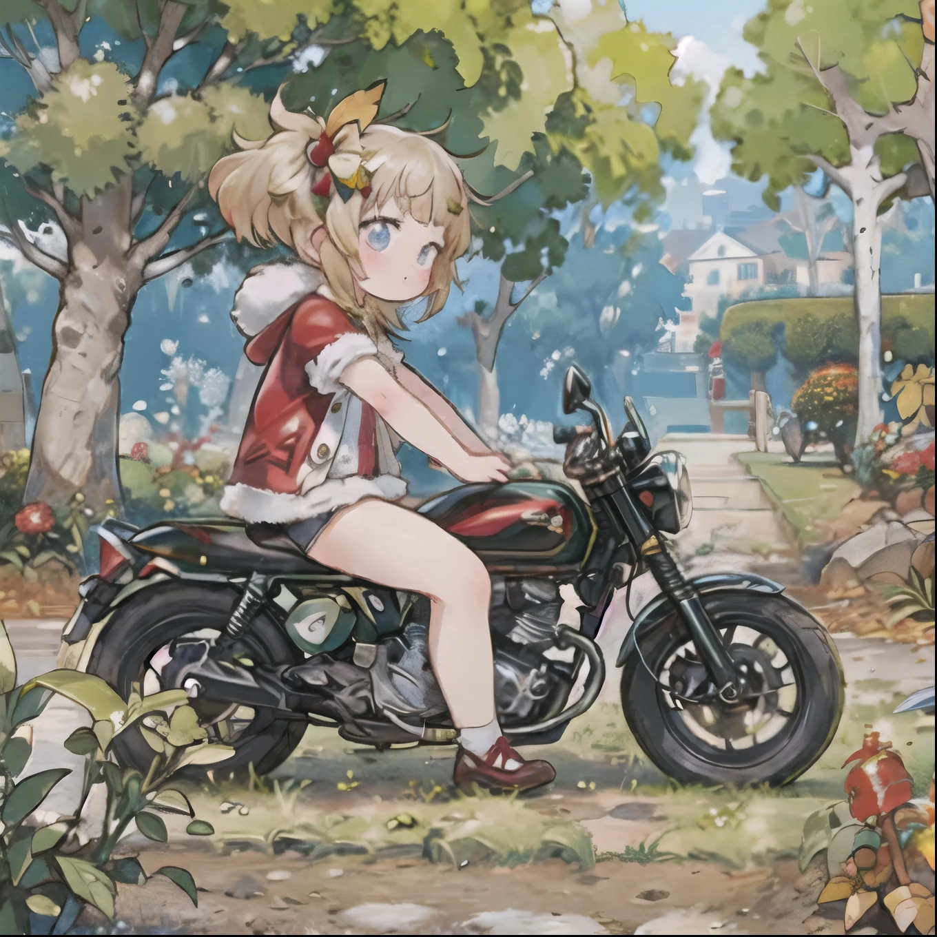 ( masterpiece， top quality:1.2), A young girl is riding a very small motorcycle, Alone,     fallen leaves，   Santa Claus Costume   ， christmas tree，