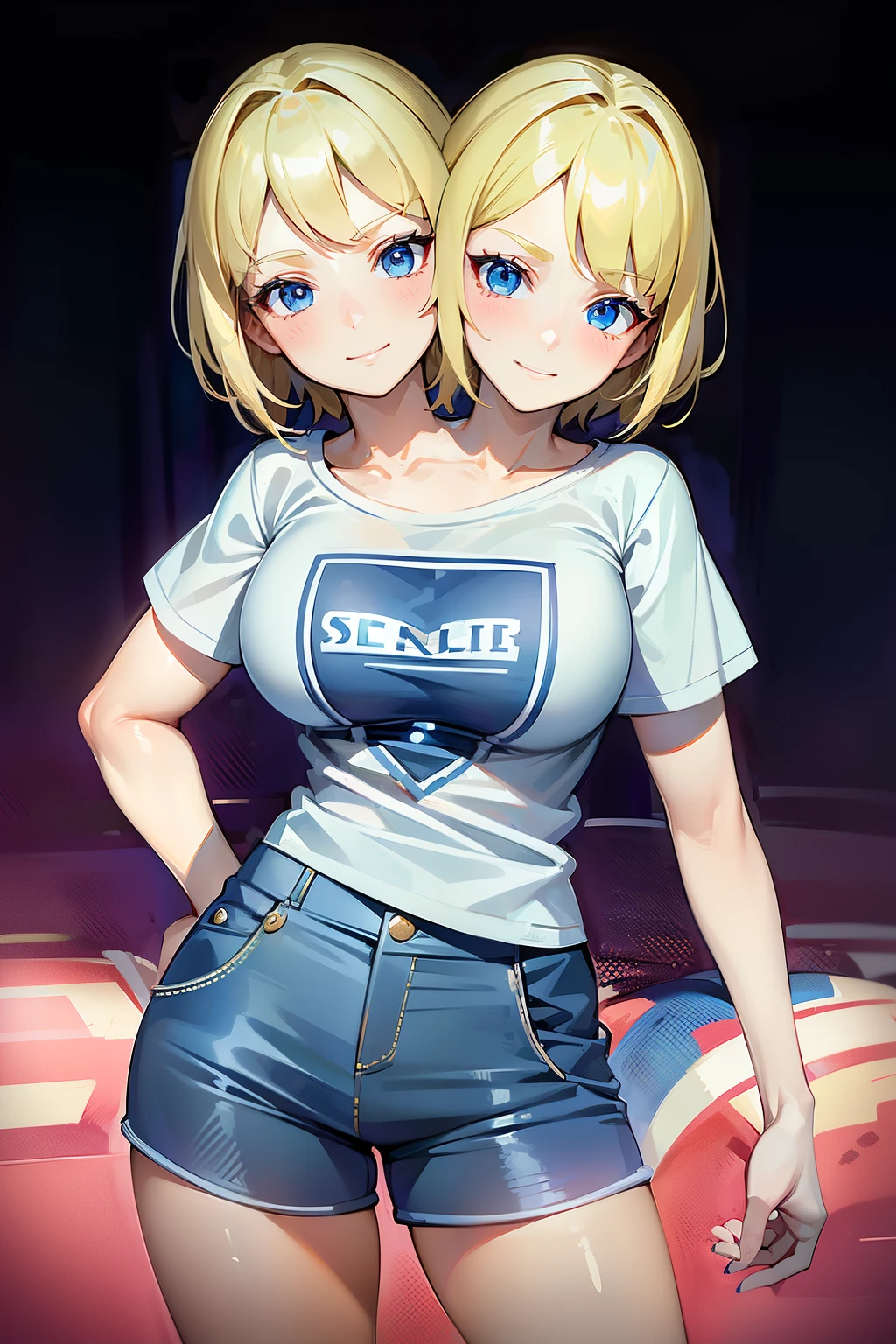 (masterpiece),(ultra-detailed), (high quality), (high resolution), (best quality:1.5, highres, UHD), highres, absurdo, ultra detail, ultra quality, ((2heads:1.5)), 1girl, Ultra resolution, 16k, best quality, 1girl, (blonde hair), medium haircut, blue-violet eyes, white t shirt, teenage girl,, (blue demin pshier ants), shortpants, gentle smile, blushing, ((detailed eyes))