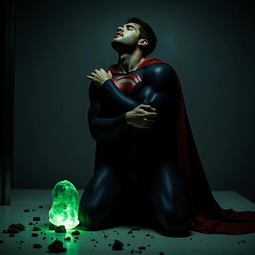 Cody Christian attractive, muscular, strong physique, dressed in a Superman costume, with his head tilted slightly upward and his eyes closed, Crawling, Kneeling on the floor, with an expression of pain, along with a small bright green rock that emit dim light. 