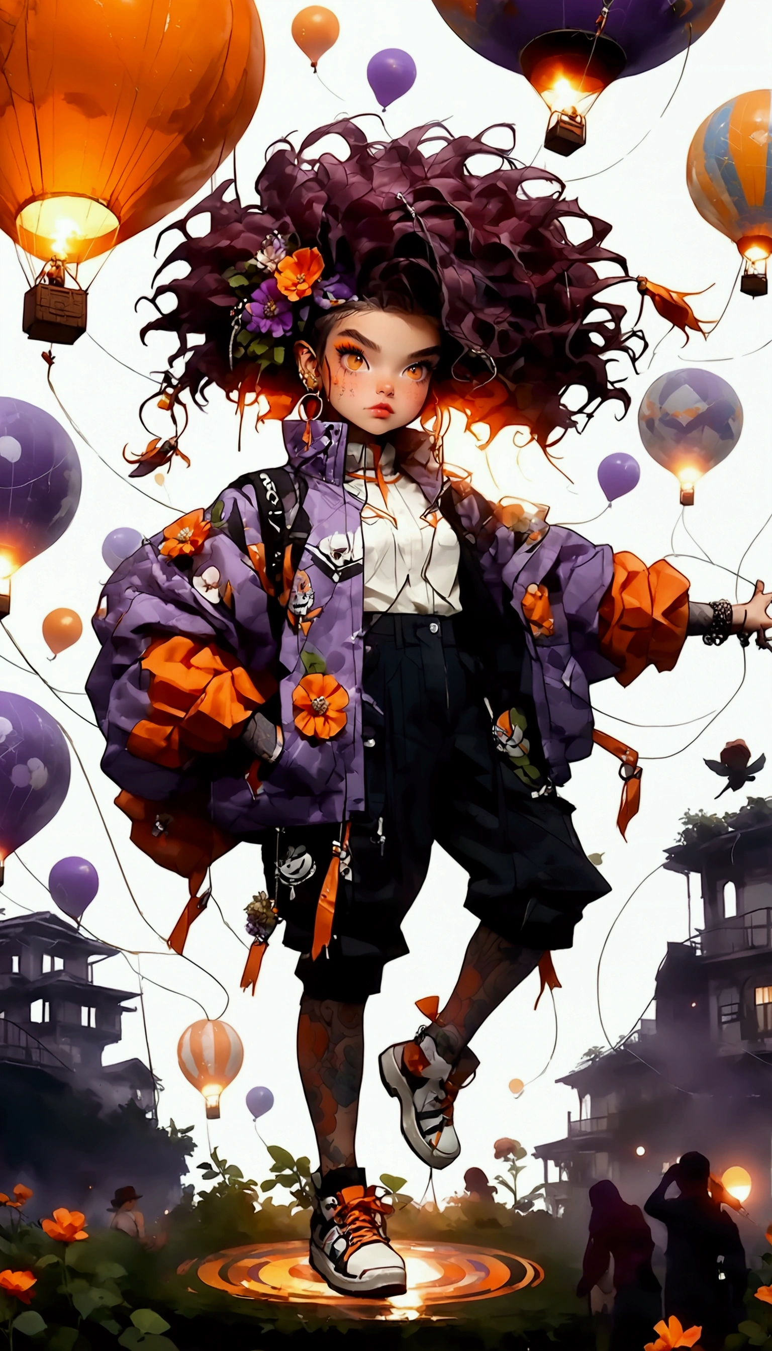 ((plano general,  Full body :1.6)), purple: 1.5, orange: 1.1, white: 1.3, yellow: 1.3, ( Rapper girl with scary hair), tatuajes, (hot air balloon clothing: 1.2), flower, leaves, born in the mist, agenda, Background circles,  action pose, 32k.