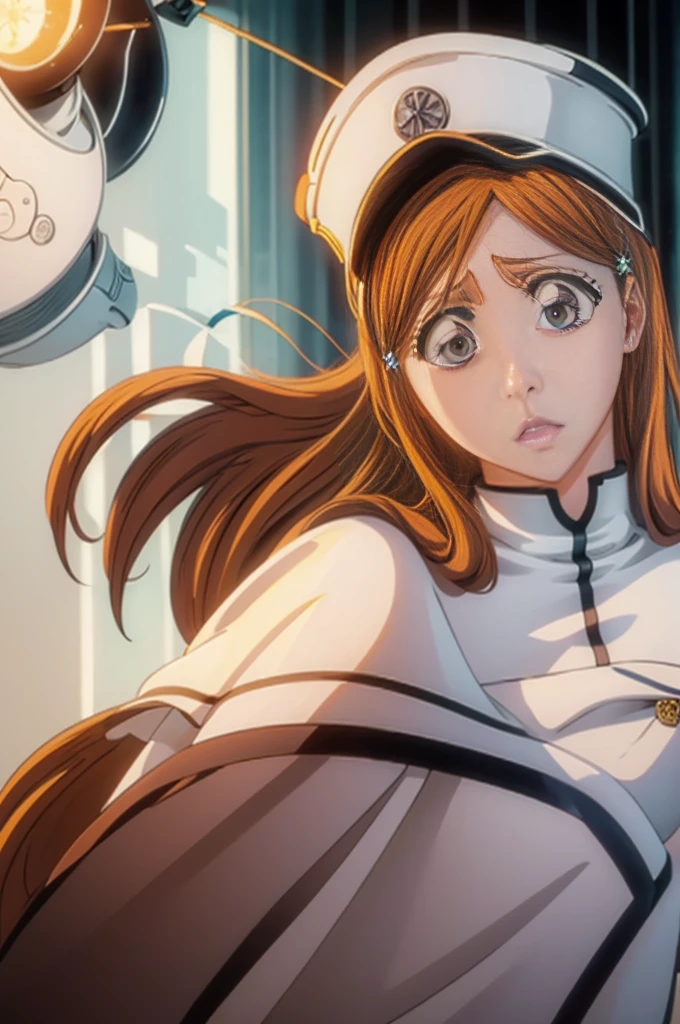 Orihime as a Quincy member,  long organ hair, brown eyes, 