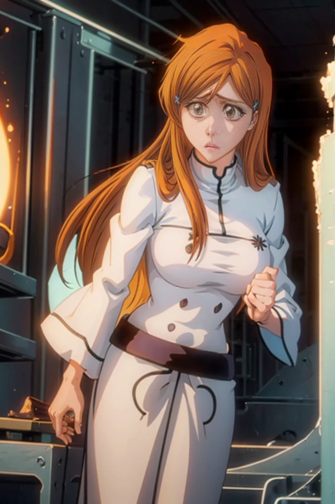 Orihime as a Quincy member,  long organ hair, brown eyes, 