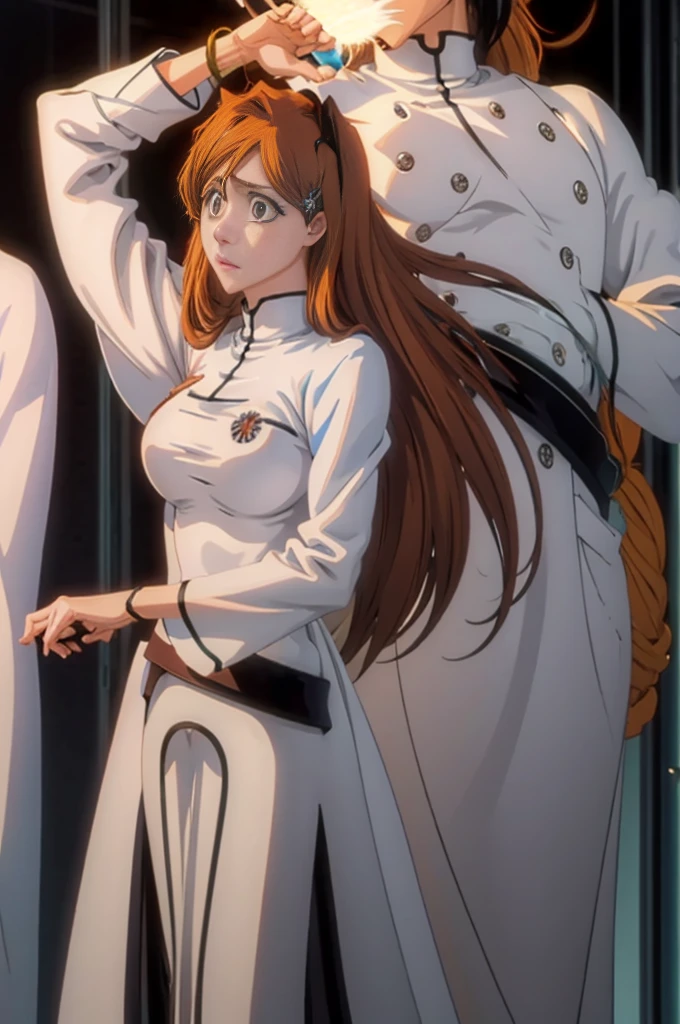 Orihime as a Quincy member,  long organ hair, brown eyes, 