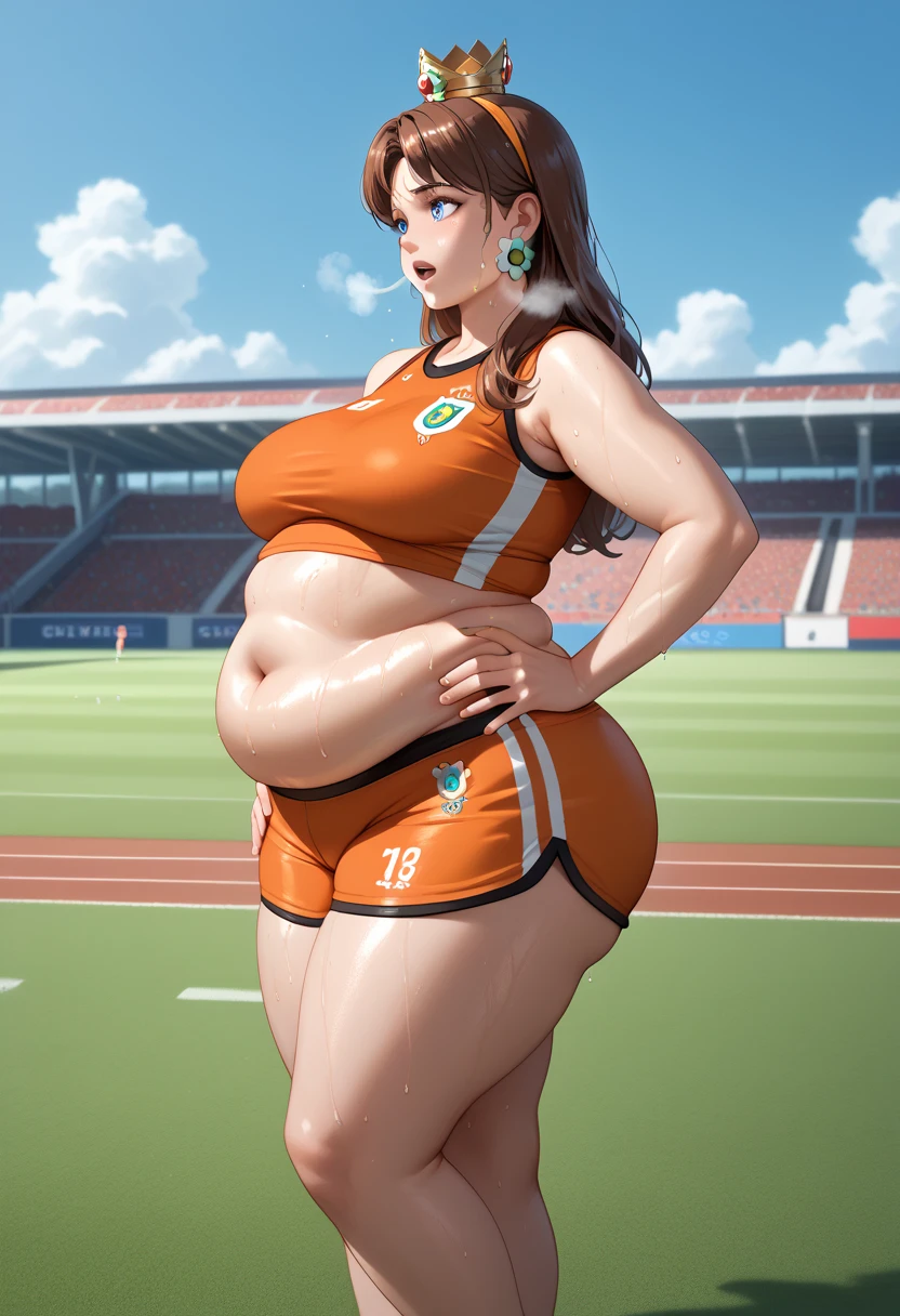 Daisy,brown hair,blue eyes,long hair,flower earrings,small crown, number 8 soccer uniform, orange tanktop, orange shorts, midriff, number 8, standing, sweaty, exhausted, hand on hips soccer field, science fiction, outdoors, (insanely detailed, masterpiece, best quality), sweating profusely, exhausted, breathing, open mouth, steam coming out of her mouth, tight red gym shorts, tight red gym tank top, hands on hips, dripping sweat, dripplits of sweat on the floor, puddle of sweat, thick, obese, soft belly, chubby, wide hips, sexy hips, half body, big belly, thicc thighs, side view,  out of breath 