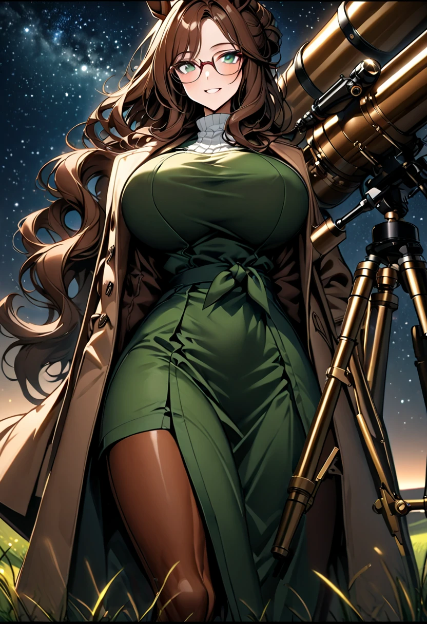 solo, female, close up:1.2, long wavy hair, brown hair, dark green eyes, centaur girl, brown horse ears, huge breasts, scholar, tied hair, modest clothes, night sky, wide smile, huge brass telescope, telescope on tripod, starry sky, grassy field, night, coat, glasses, horse lower body, horse legs,