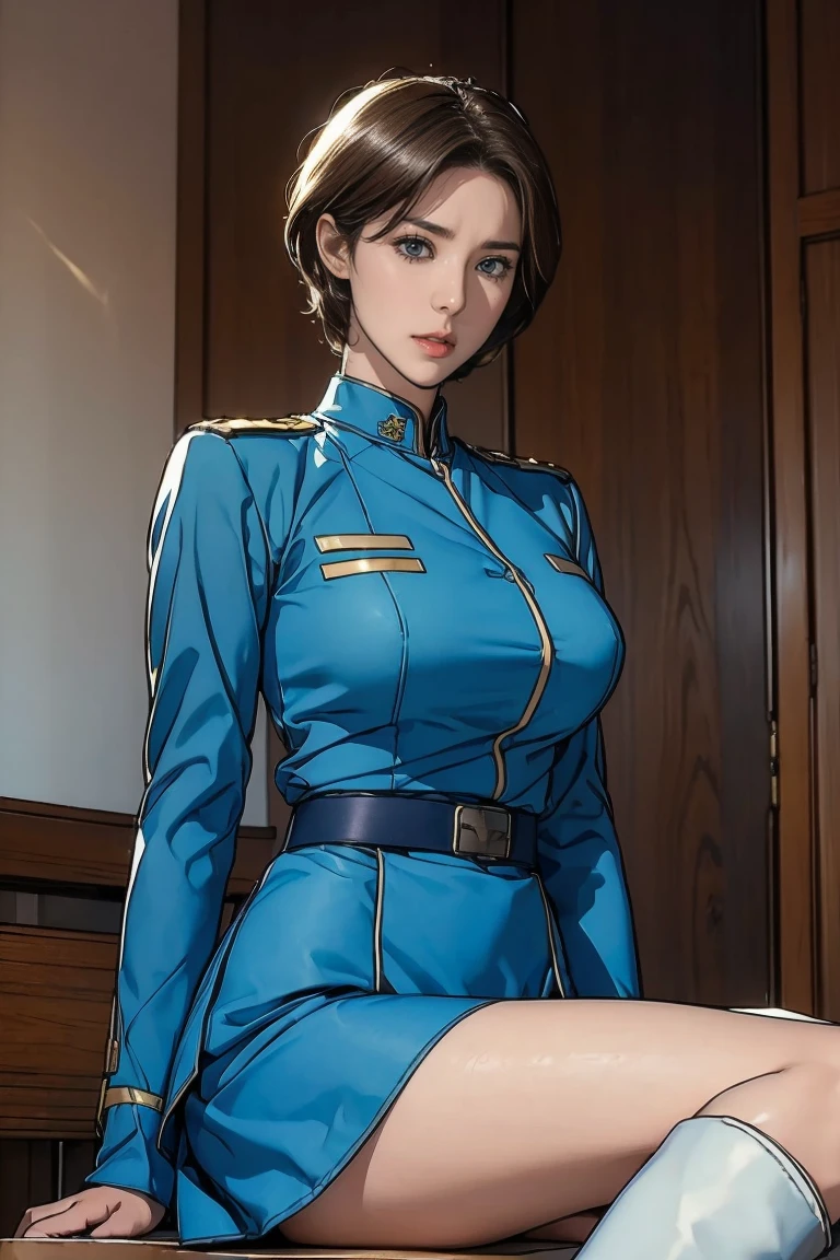 ((masterpiece)),((( top quality ))), Beautiful 24 year old woman,  big breasts,  loose, short hair ,  blue eyes、(Female Soldiers of the Earth Federation ), (Wearing Earth Federation military uniform, Blue military uniform、 white tight mini skirt、 white long boots 、Bare legs)
Meeting Room、 sitting on a chair、Shot from the bottom front 、close shot