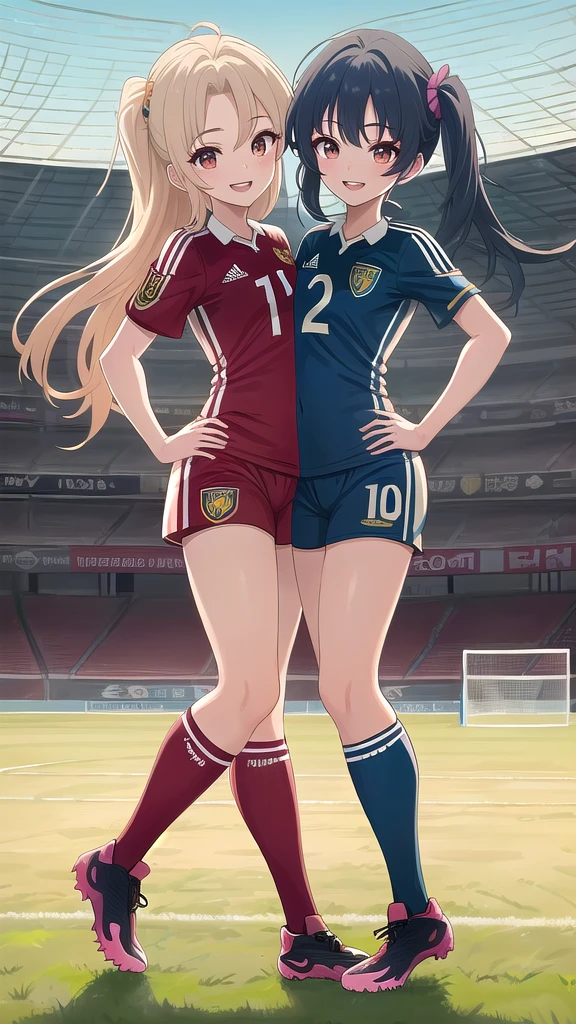 (Conjoined_dicephalus), (2 heads:1.2), two heads, (1 body:1.5), 1 girl, solo, 2 legs, (2 arms:1.1), (conjoined twins), 2 different hairstyles, trick hair, 2 tone hair color, hair accessories, 2 different team of soccer outfit, 2 tone color outfit, 2 tone color body, half body, action pose,  smiling face, cheek to cheek, looking another characters, soccer playground background, (anime:1.1), hyper-realistic, cinematic, 4K, vivid lighting, (high res, highly detailed:1.2), aesthetic, masterpiece, (two heads:1.5)