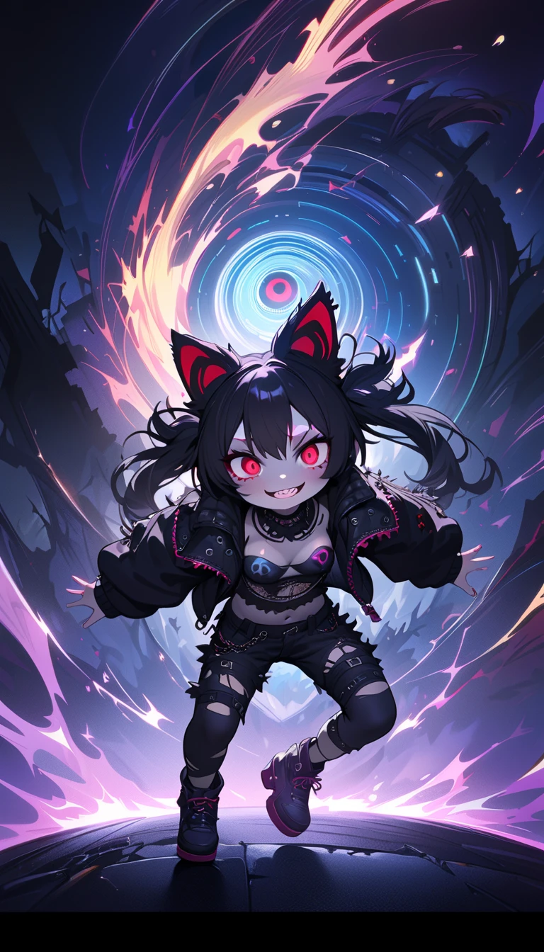 solo,1girl\(cute, kawaii,(evil smile:1.2),(black hair:1),(long hair),(twin tails hair),pale skin, skin color blue, red eyes, eyes shining, (big eyes),(breast:1.4),(punk fashion:1.6),(ripped clothes:1.5),(tight tube top),(tight hot pants),(stomach shown:0.8),(abs:0.5),(ripped black short jacket:1.4),(fluffy black cat-ear:1.4),(dynamic pose:1.3), (spiral eye:1.4),(bang),detailed pupil\), BREAK ,background\(outside, noisy city, backstreet, narrow street, neon lights, at night\), BREAK ,quality\(8k,wallpaper of extremely detailed CG unit, high resolution, top-quality, top-quality real texture skin, hyper realistic, increase the resolution, RAW photos, best quality, highly detailed, the wallpaper,golden ratio,high saturation realism, vibrant colors, dramatic lighting, persuasive storytelling, atmospheric scenery, captivating visuals, intricate details, strong emotions,dreamlike world\),(close up:1.0),dynamic angle