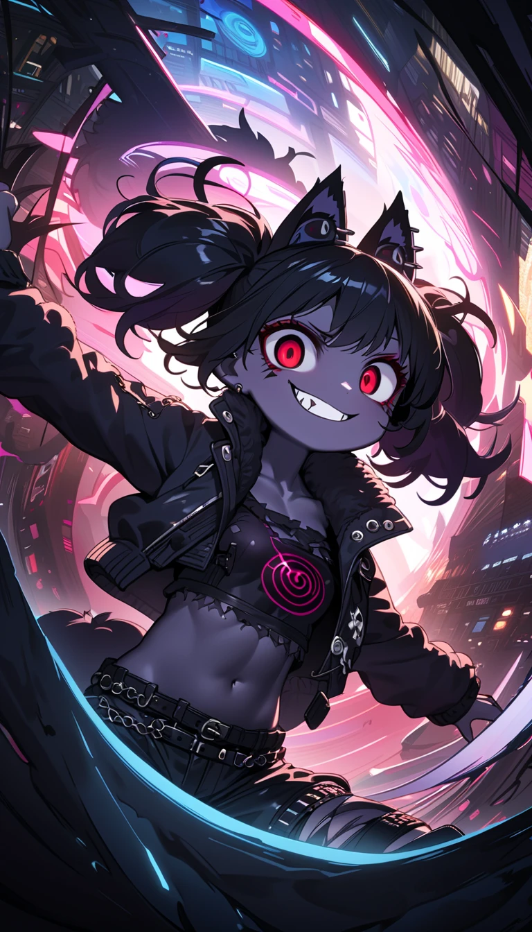 solo,1girl\(cute, kawaii,(evil smile:1.2),(black hair:1),(long hair),(twin tails hair),pale skin, skin color blue, red eyes, eyes shining, (big eyes),(breast:1.4),(punk fashion:1.6),(ripped clothes:1.5),(tight tube top),(tight hot pants),(stomach shown:0.8),(abs:0.5),(ripped black short jacket:1.4),(fluffy black cat-ear:1.4),(dynamic pose:1.3), (spiral eye:1.4),(bang),detailed pupil\), BREAK ,background\(outside, noisy city, backstreet, narrow street, neon lights, at night\), BREAK ,quality\(8k,wallpaper of extremely detailed CG unit, high resolution, top-quality, top-quality real texture skin, hyper realistic, increase the resolution, RAW photos, best quality, highly detailed, the wallpaper,golden ratio,high saturation realism, vibrant colors, dramatic lighting, persuasive storytelling, atmospheric scenery, captivating visuals, intricate details, strong emotions,dreamlike world\),(close up:1.0),dynamic angle