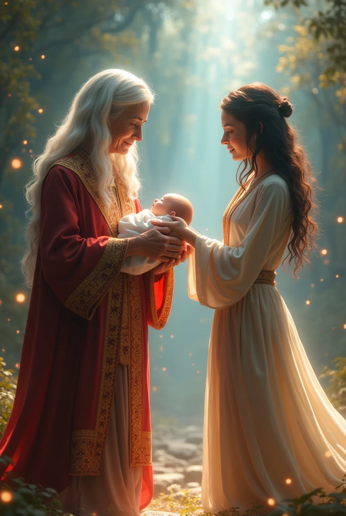 The old man standing nearby talked to the woman with red eyes. , long hair , white dress wet baby on moonlit night