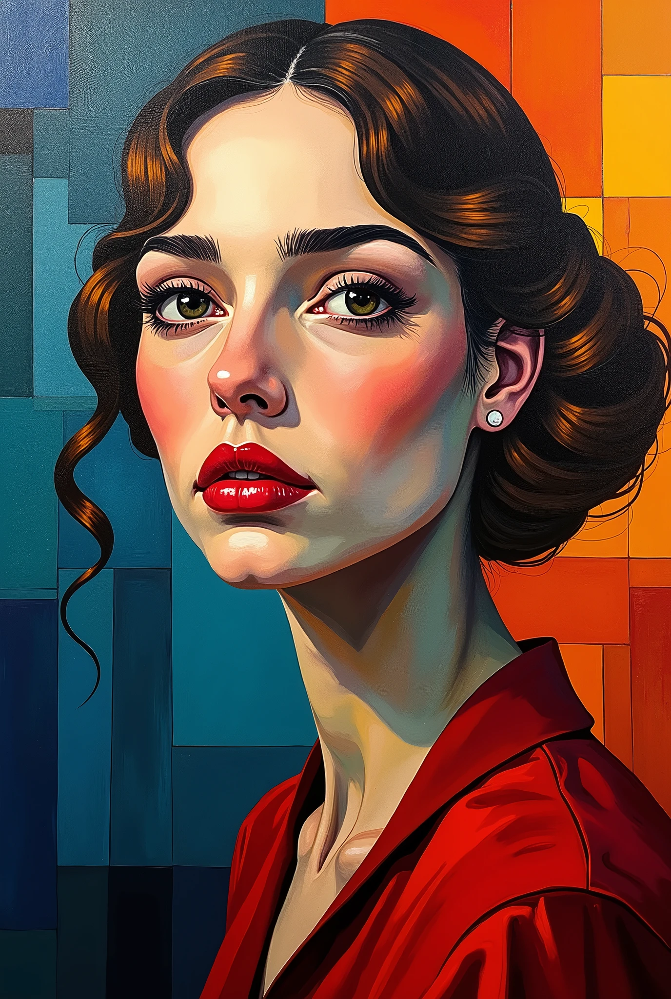  a cubist portrait of a woman ,   photorealistic  ,  very detailed, Painting A&#39;oil,  des formes geometrical complexes , vivid contrasting colors ,  dynamic composition,  an impressive emotional expression,   better aesthetics  ,   surrealistic atmosphere  ,  masterpiece 